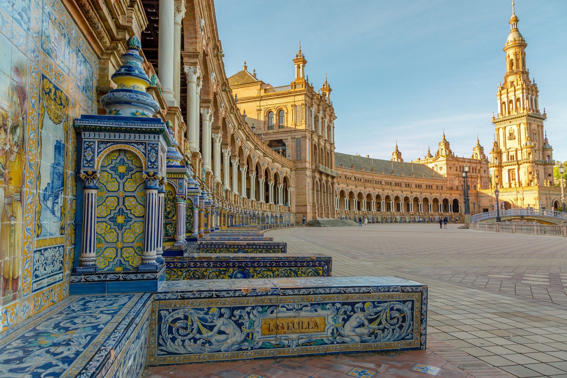 Ceramic tile murals and benches representing all the provinces of Spain found at the Plaza de España (translates to Spanish Square) in Seville, Spain