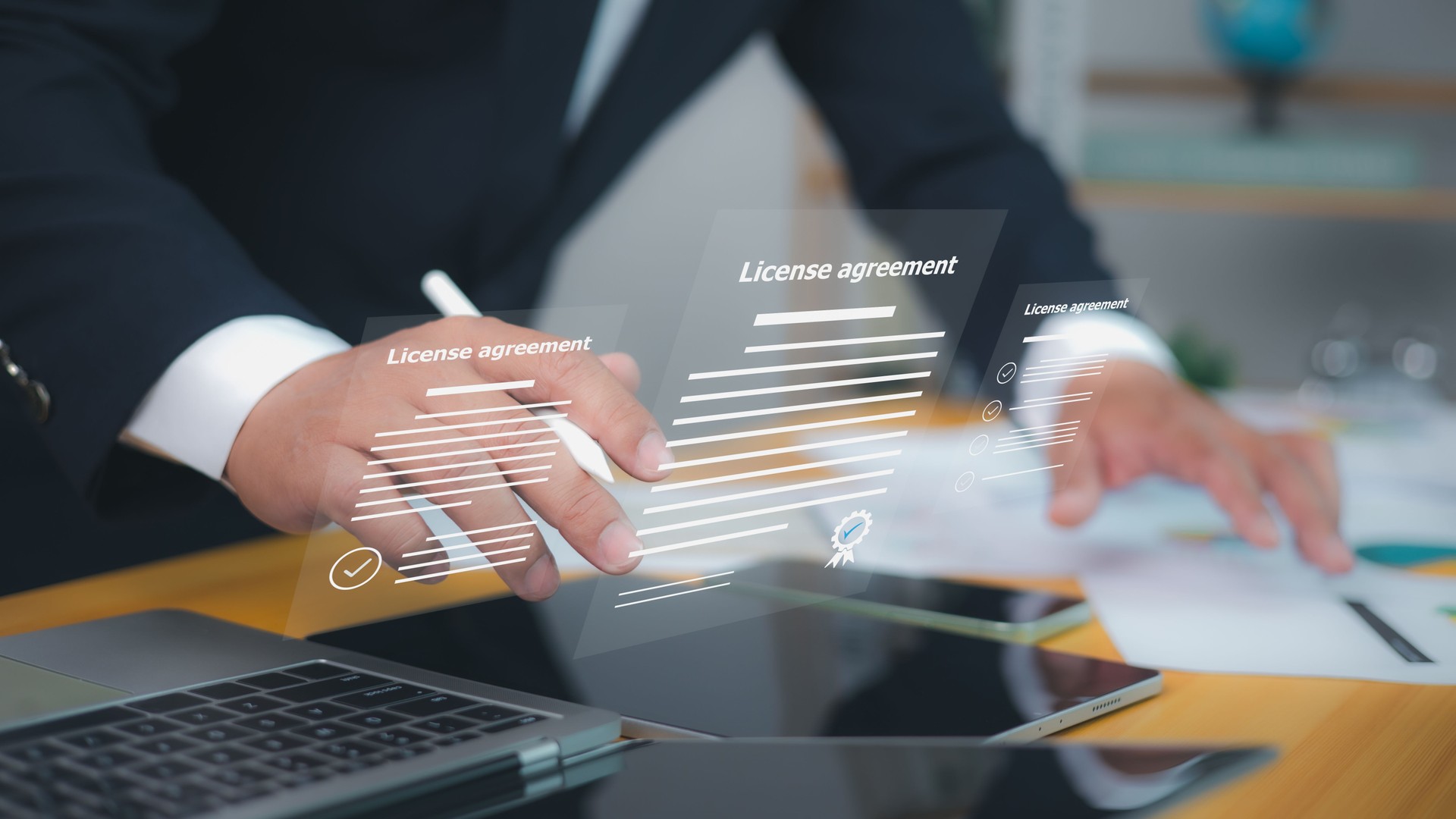 License agreement, featuring digital checkmarks and signatures. Symbolizes efficient online contract management and modern legal agreements. Businessman uses a stylus to interact with documents.