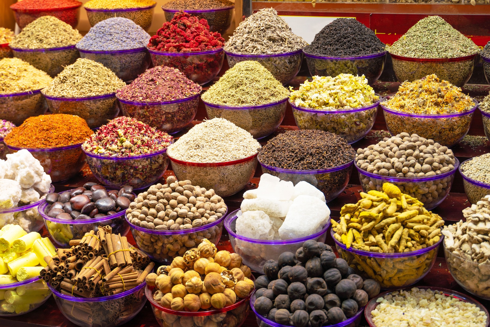 Spice containers in the souk of Dubai, United Arab Emirates