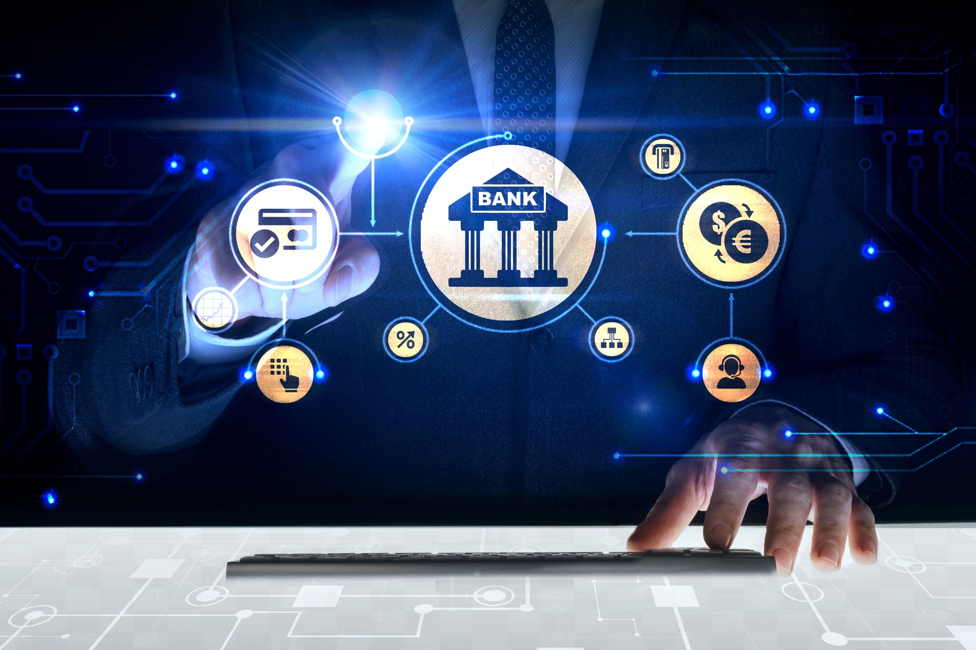 Businessman touching screen with about Banking