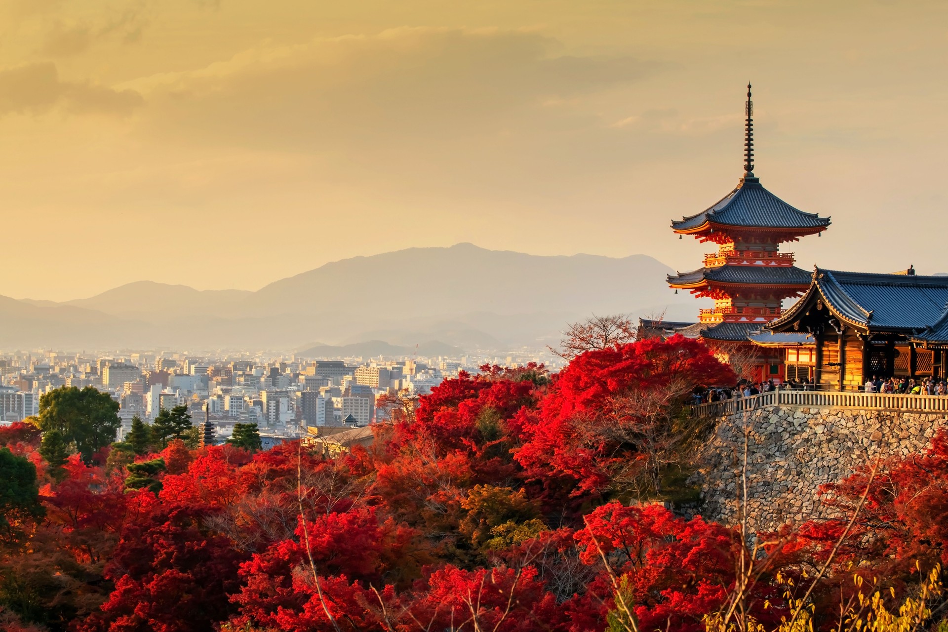 sunset view of Kiyomizu dera temple and Kyoto city in fall colors