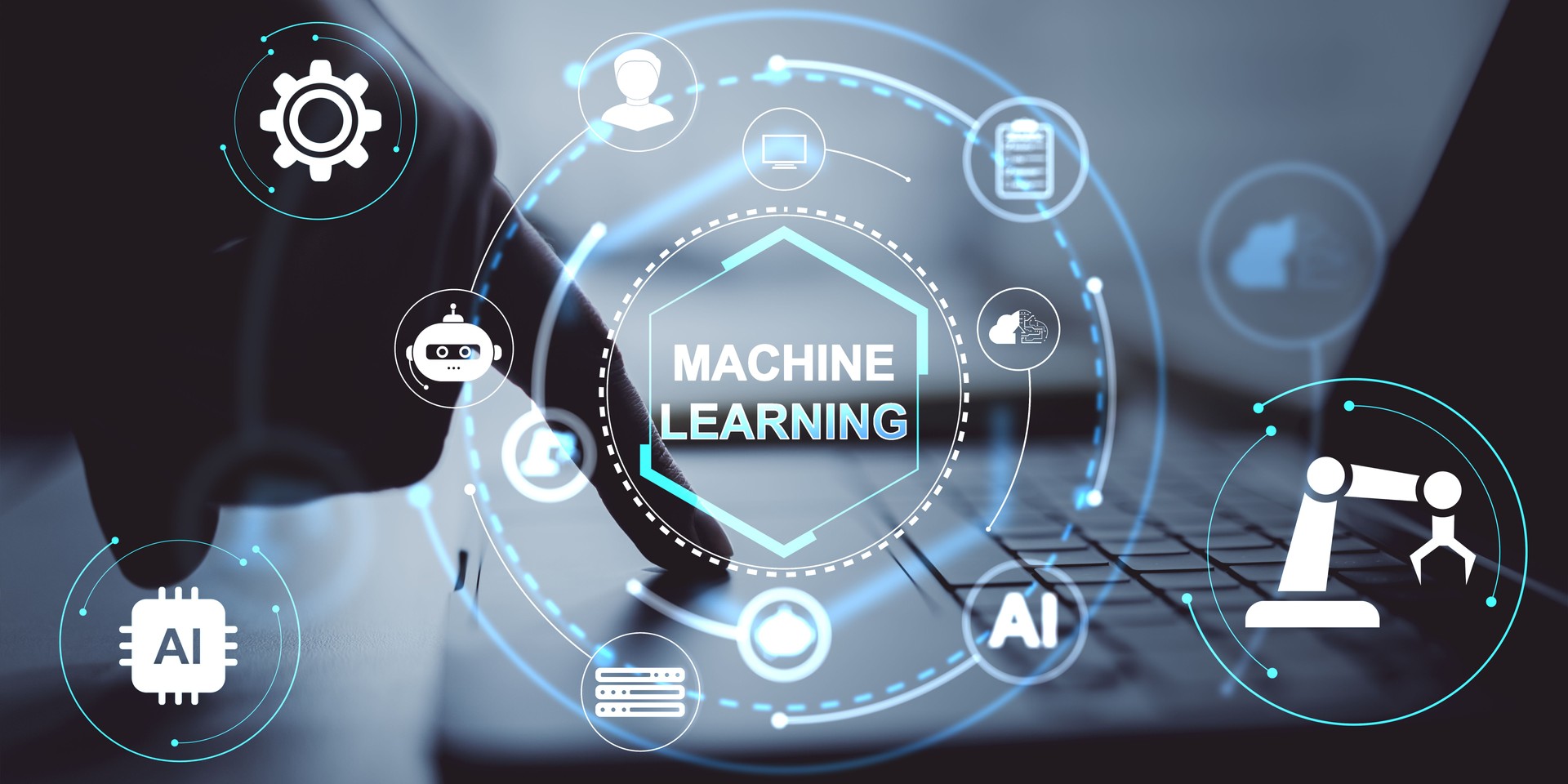 Machine learning interface icons over digital background showing neural network, AI, and automation concepts on futuristic tech display.