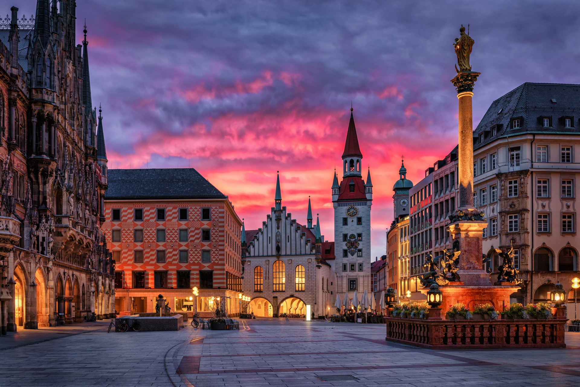 The beautiful old town of Munich during a fiery sunrise